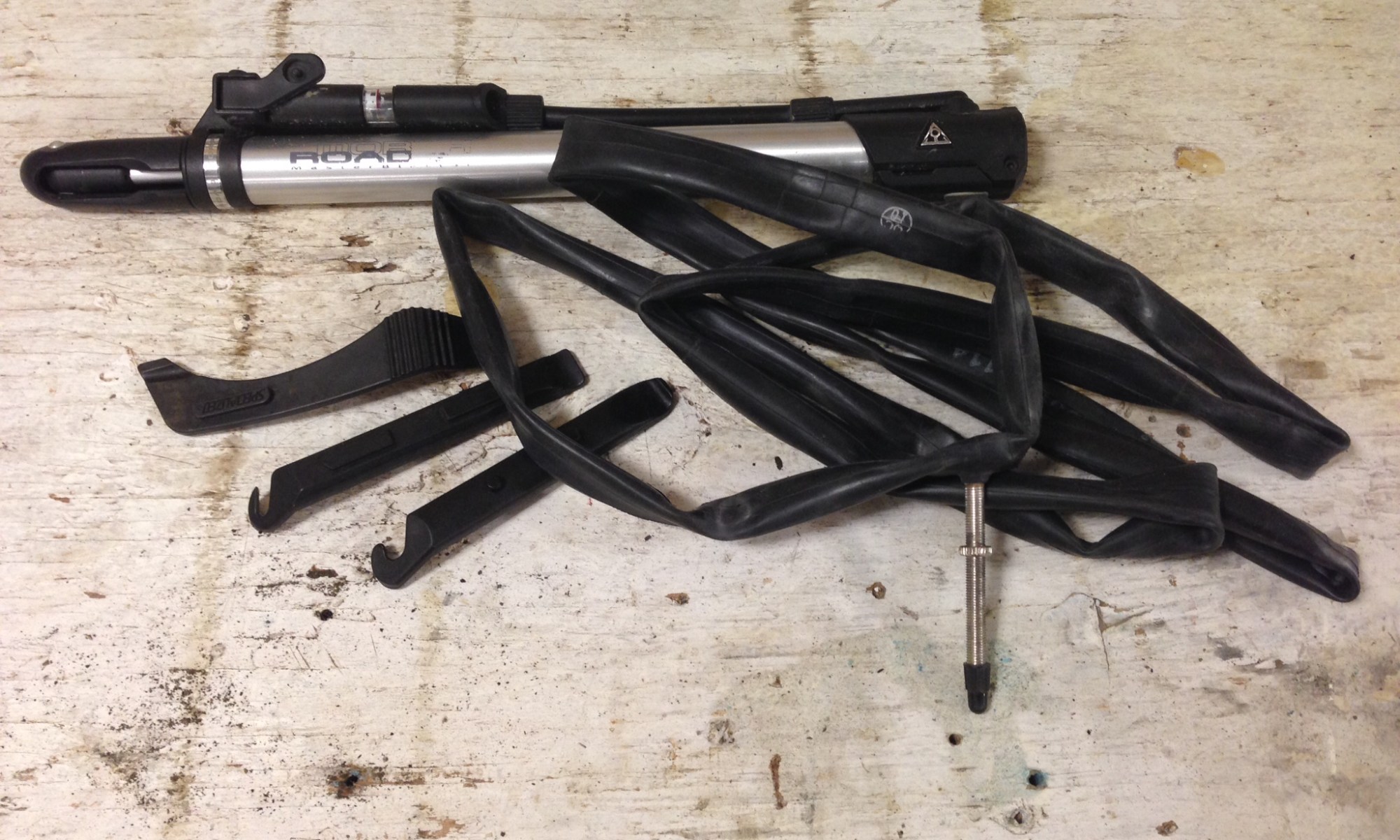 Bike pump, tire levers, and spare tube